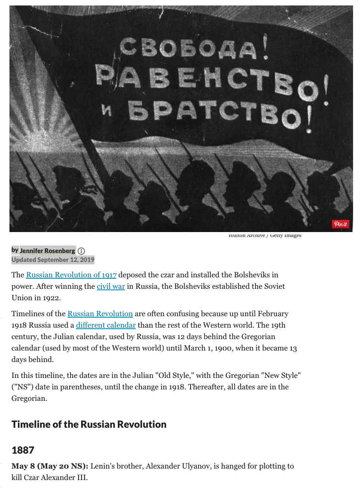 Page Internet. The Russian Revolution Timeline 1887 - 1924, by Jennifer Rosenberg. 2019-09-12